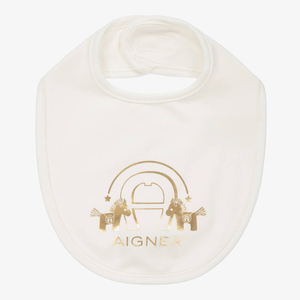 AIGNER - Ivory & Gold Pima Cotton Logo Bib | Childrensalon