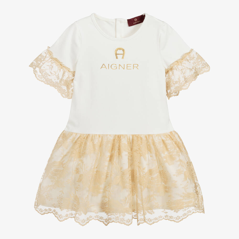 AIGNER - Elfenbeinfarbenes Jerseykleid mit Spitze und Logo | Childrensalon