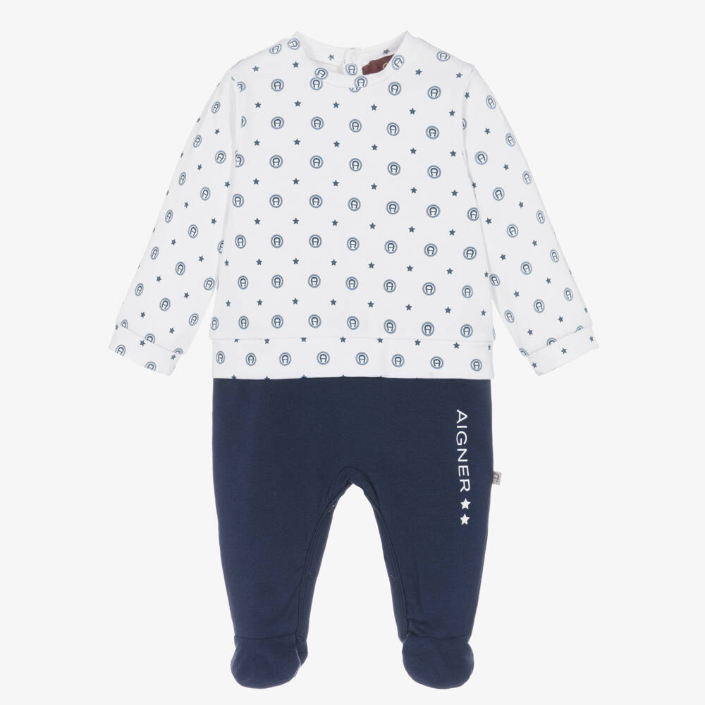 AIGNER-Ivory & Navy Blue Logo Patterned Babygrow | Childrensalon Outlet
