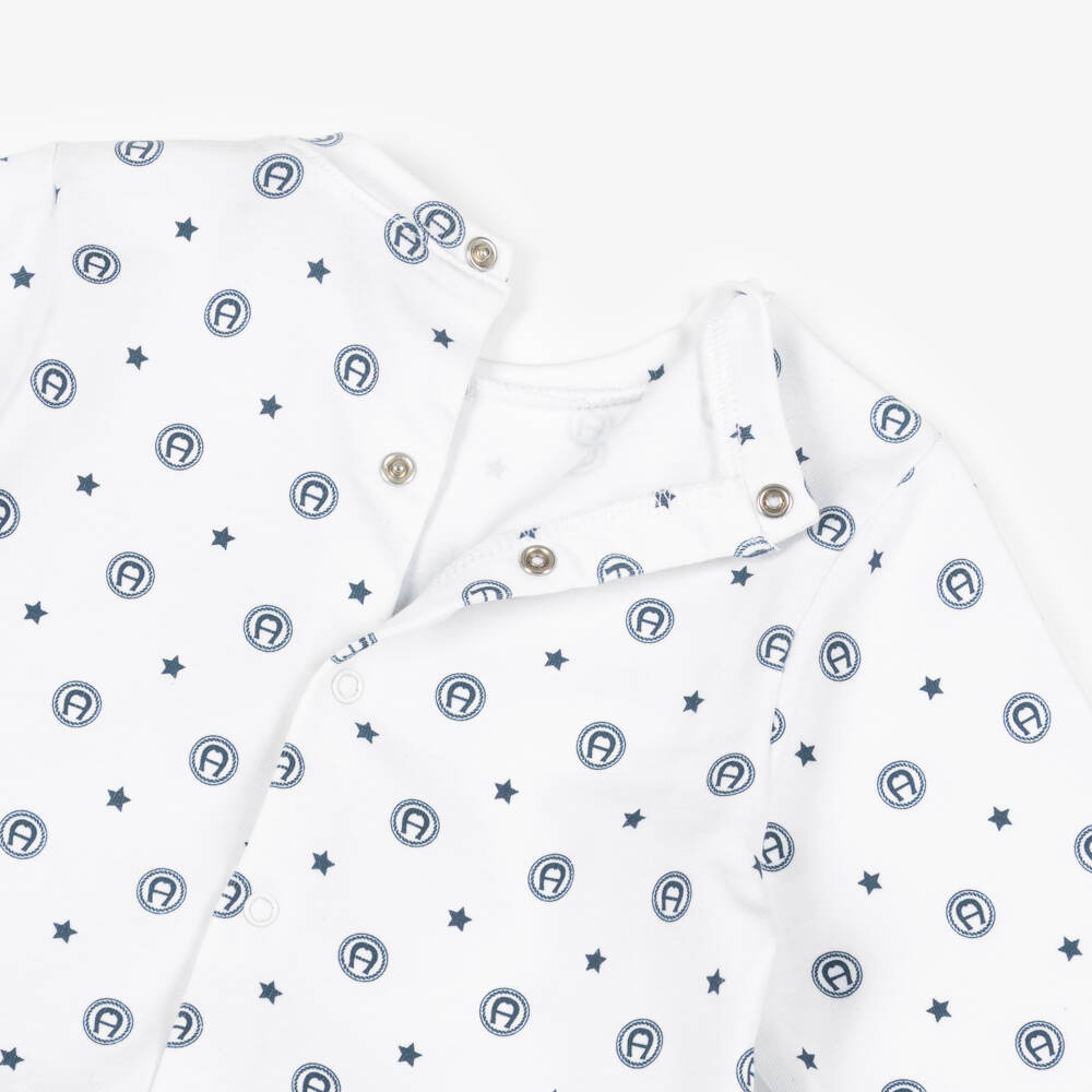 AIGNER-Ivory & Navy Blue Logo Patterned Babygrow | Childrensalon Outlet