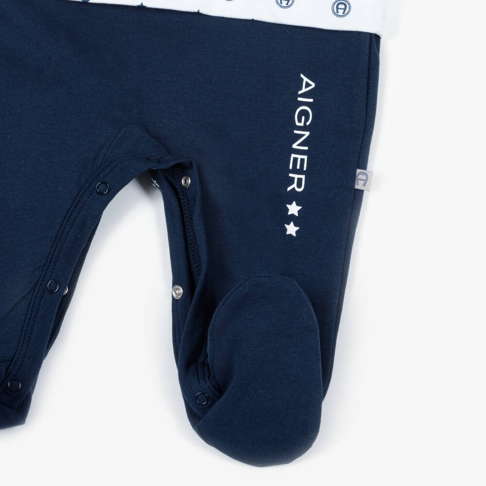 AIGNER-Ivory & Navy Blue Logo Patterned Babygrow | Childrensalon Outlet