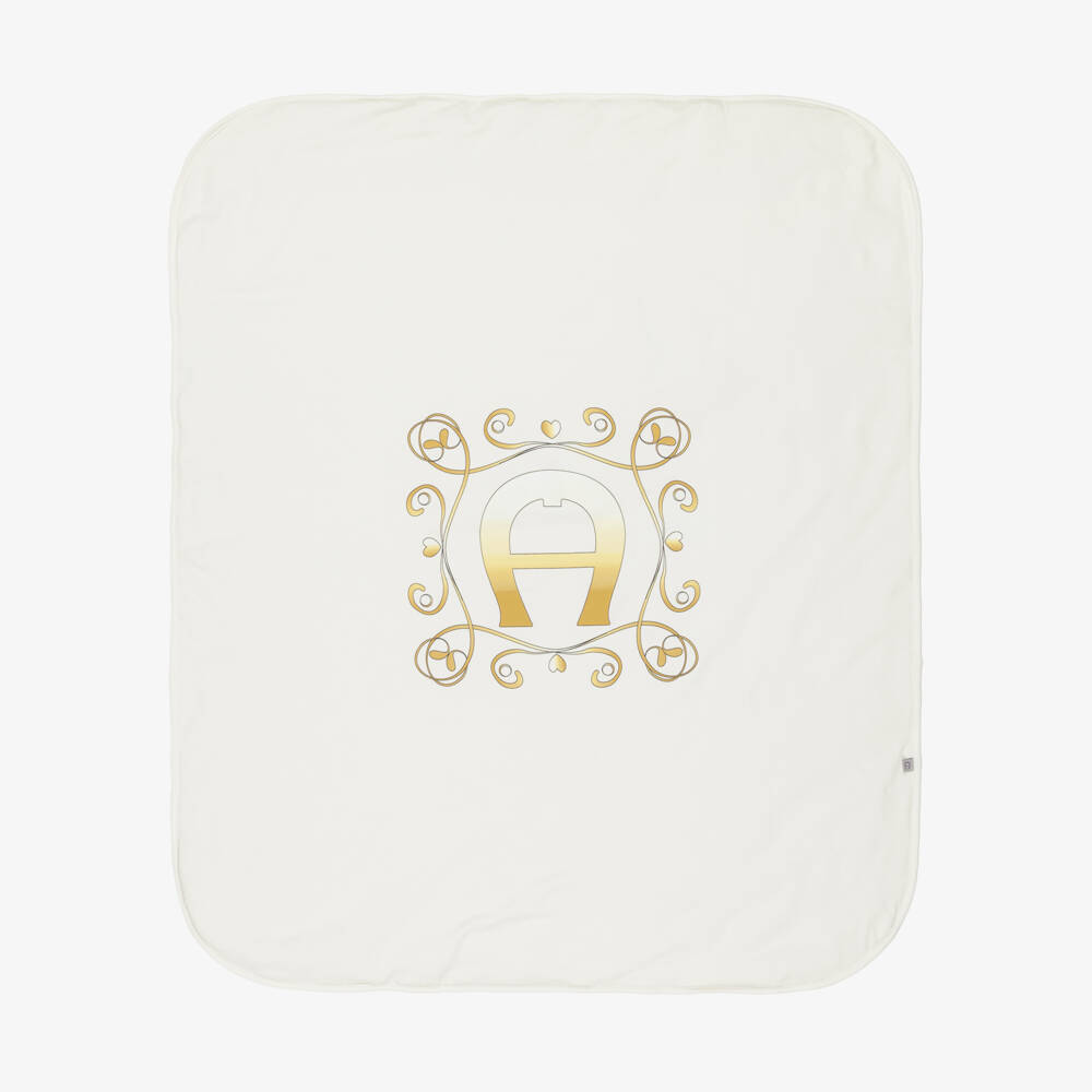 AIGNER-Ivory Padded Blanket with Gold Logo Design (88cm) | Childrensalon Outlet