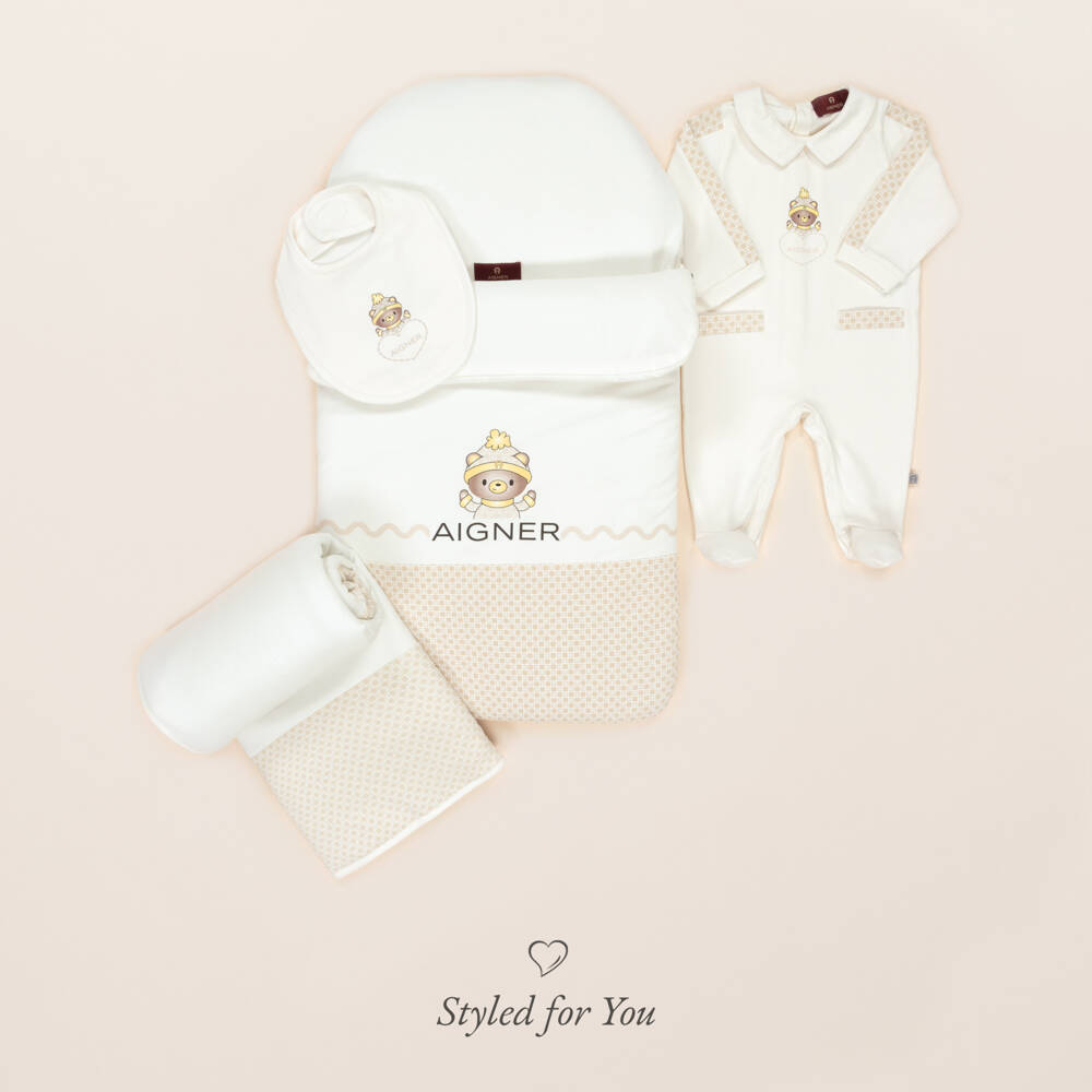AIGNER-Ivory Pima Cotton Padded Teddy Bear Blanket (88cm) | Childrensalon Outlet