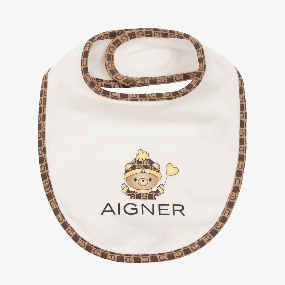 AIGNER-Ivory Pima Cotton Teddy Bear Bib | Childrensalon Outlet