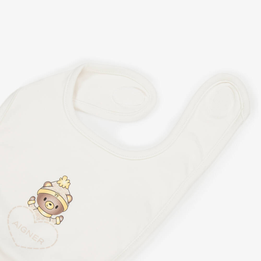 AIGNER-Ivory Pima Cotton Teddy Bear Velcro Bib | Childrensalon Outlet