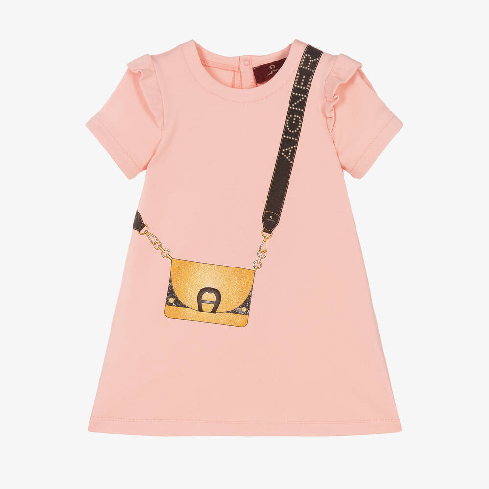 AIGNER - Light Pink Bag Print Ruffle Sleeve Dress | Childrensalon