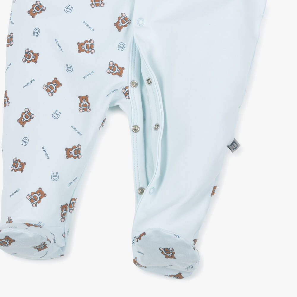 AIGNER-Pale Blue Cotton Babygrow with Teddy Logo Print | Childrensalon Outlet