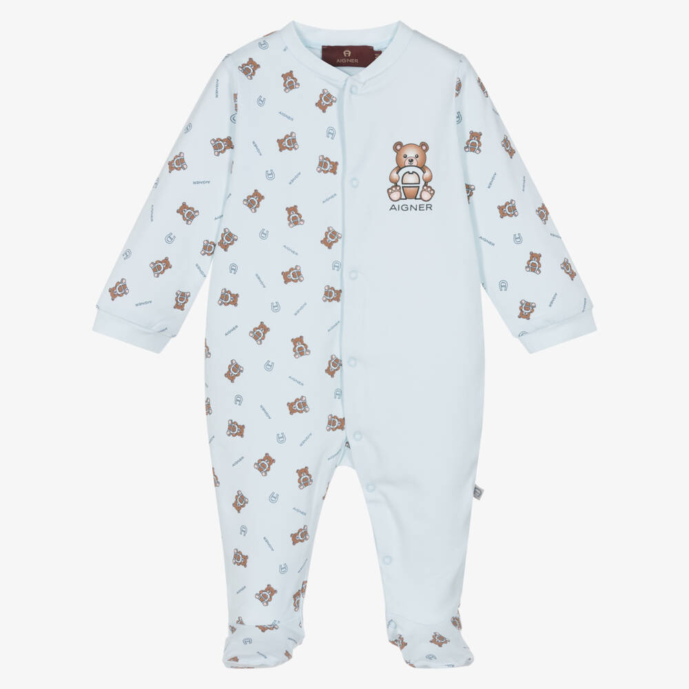 AIGNER-Pale Blue Cotton Babygrow with Teddy Logo Print | Childrensalon Outlet