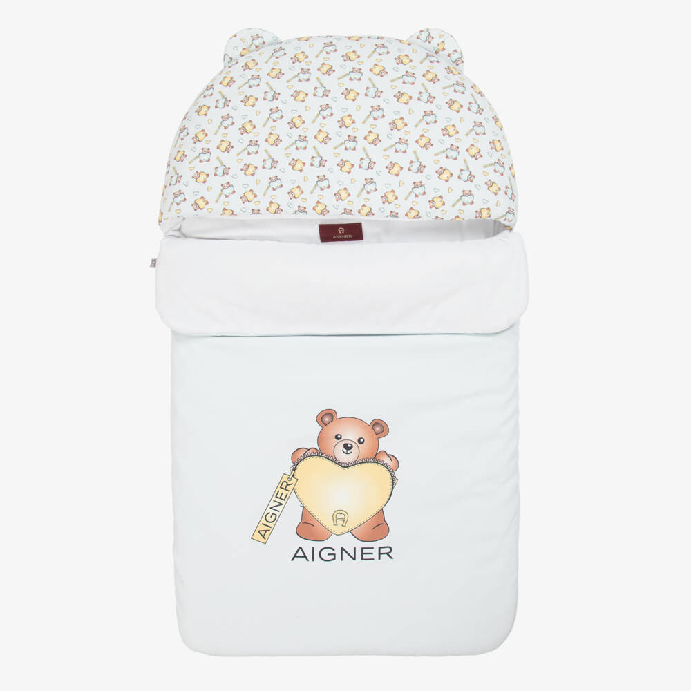 AIGNER-Pale Blue Pima Cotton Teddy Bear Baby Nest (74cm) | Childrensalon Outlet