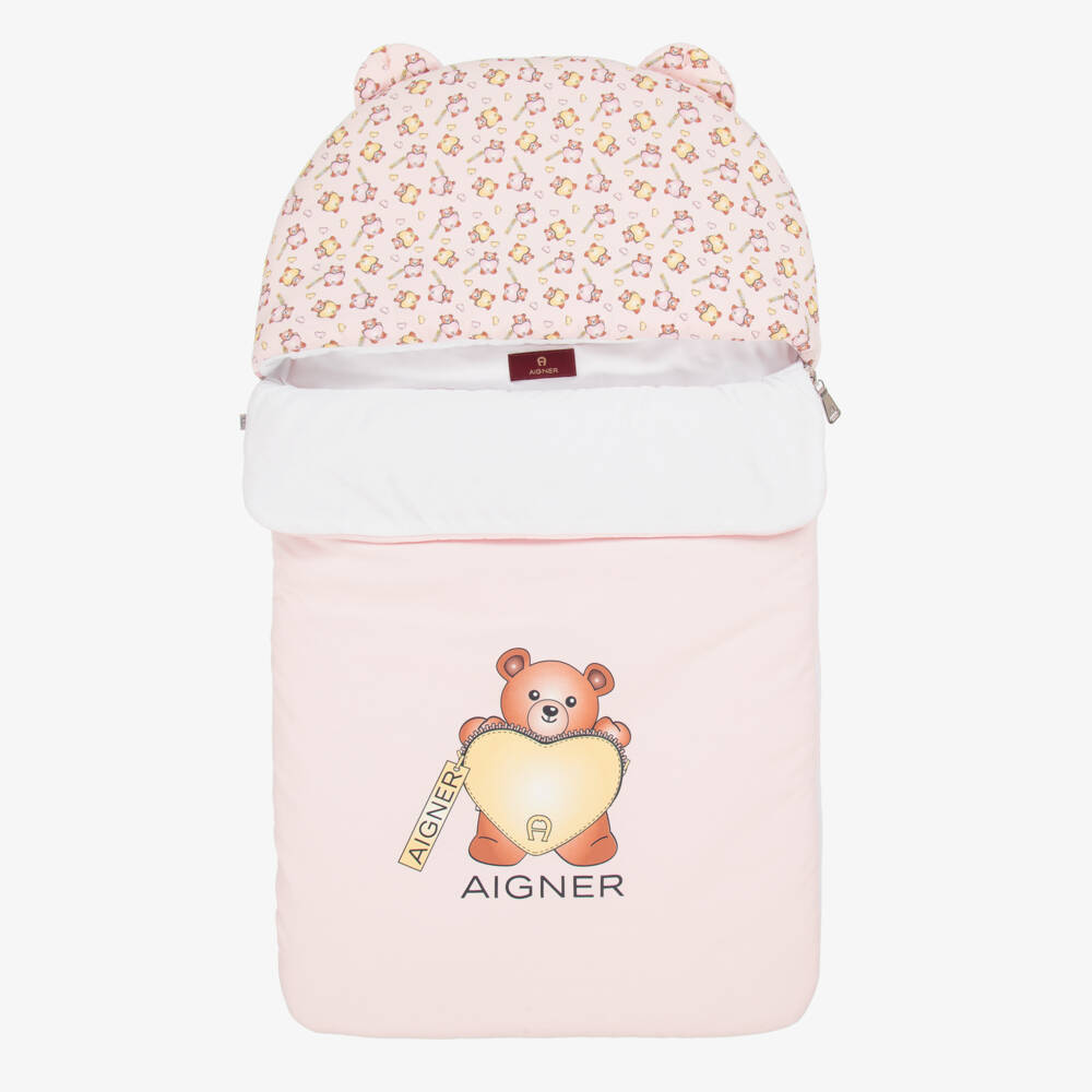 AIGNER-Pale Pink Pima Cotton Teddy Bear Baby Nest (74cm) | Childrensalon Outlet