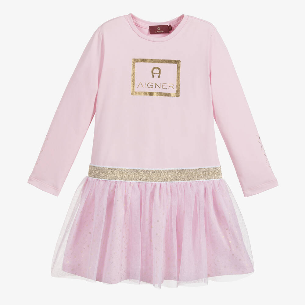 AIGNER - Pink Cotton & Tulle Logo Dress | Childrensalon