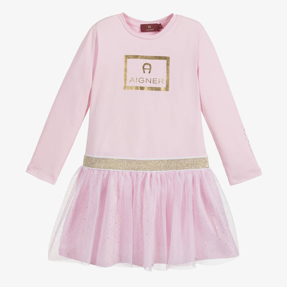 AIGNER-فستان قطن جيرسي وتول لون زهري وذهبي | Childrensalon Outlet
