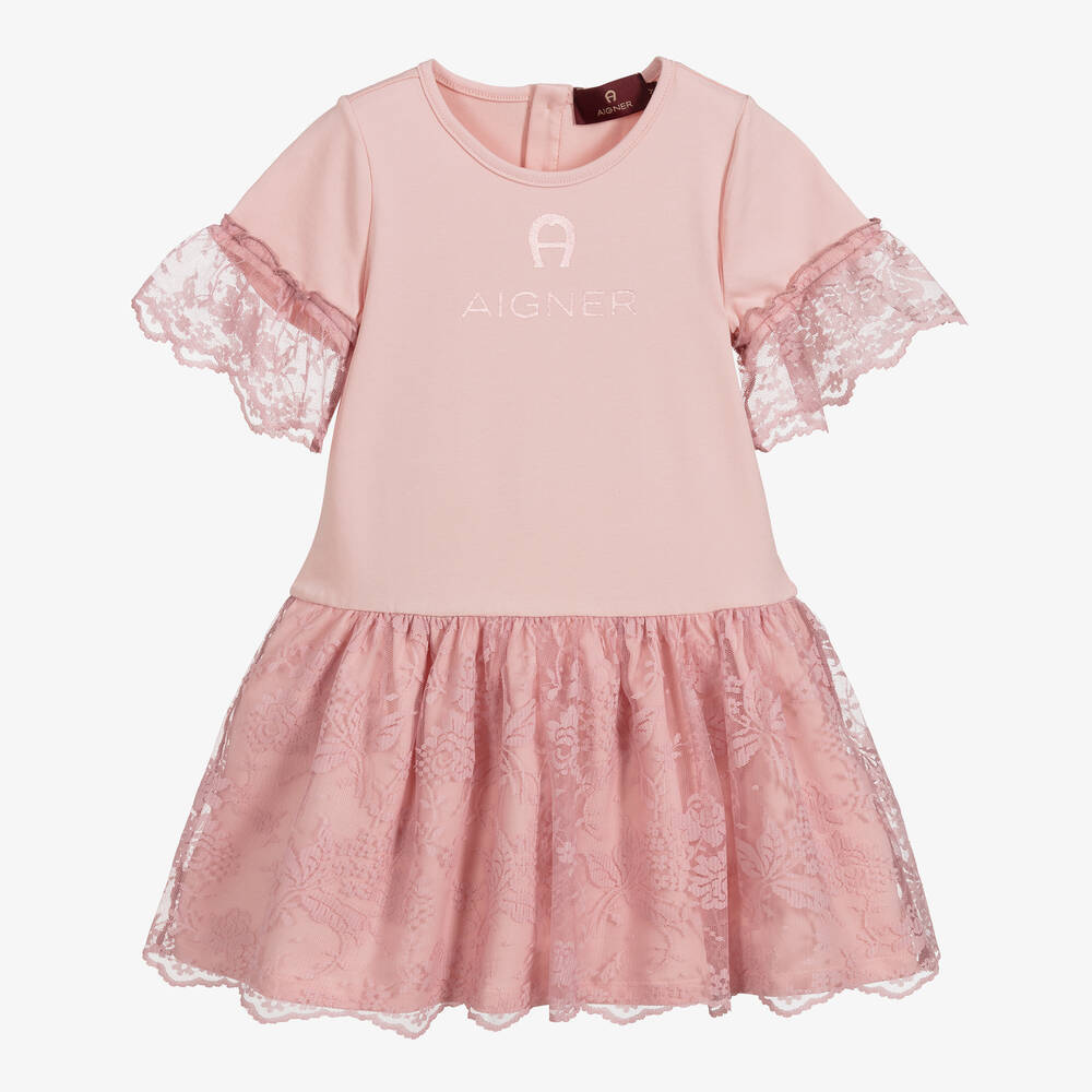 AIGNER - Pink Jersey & Lace Logo Dress | Childrensalon