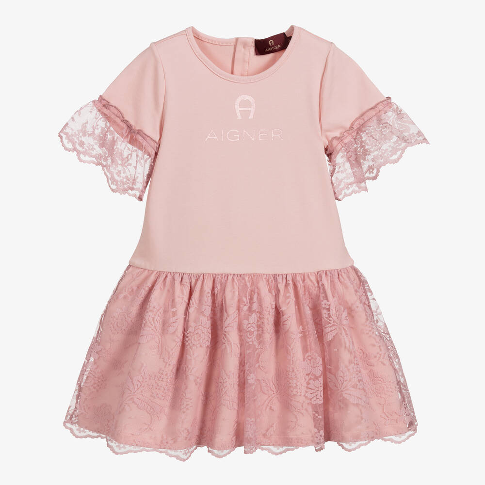 AIGNER-فستان قطن جيرسي ودانتيل لون زهري | Childrensalon Outlet