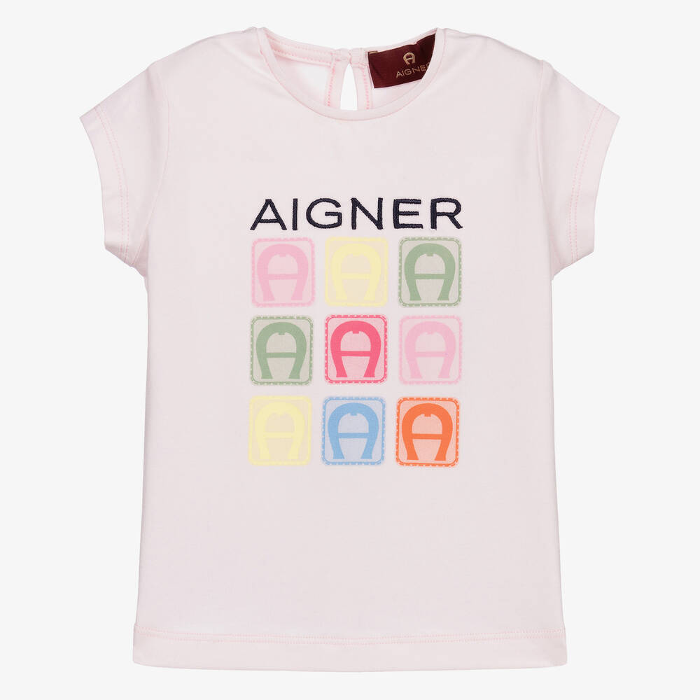 AIGNER - تيشيرت أطفال بناتي قطن جيرسي لون زهري بطبعة ملونة | Childrensalon