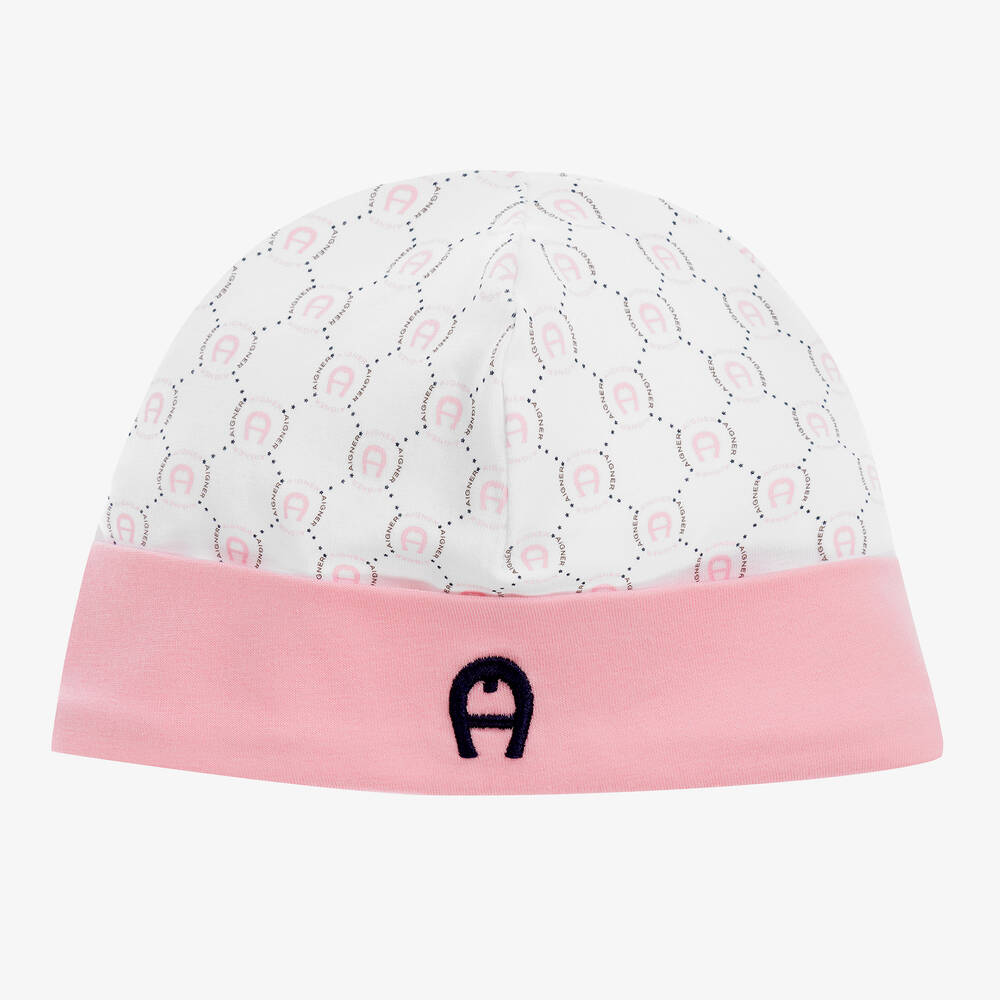 AIGNER - قبعة قطن بيما لون زهري وأبيض للمولودات | Childrensalon