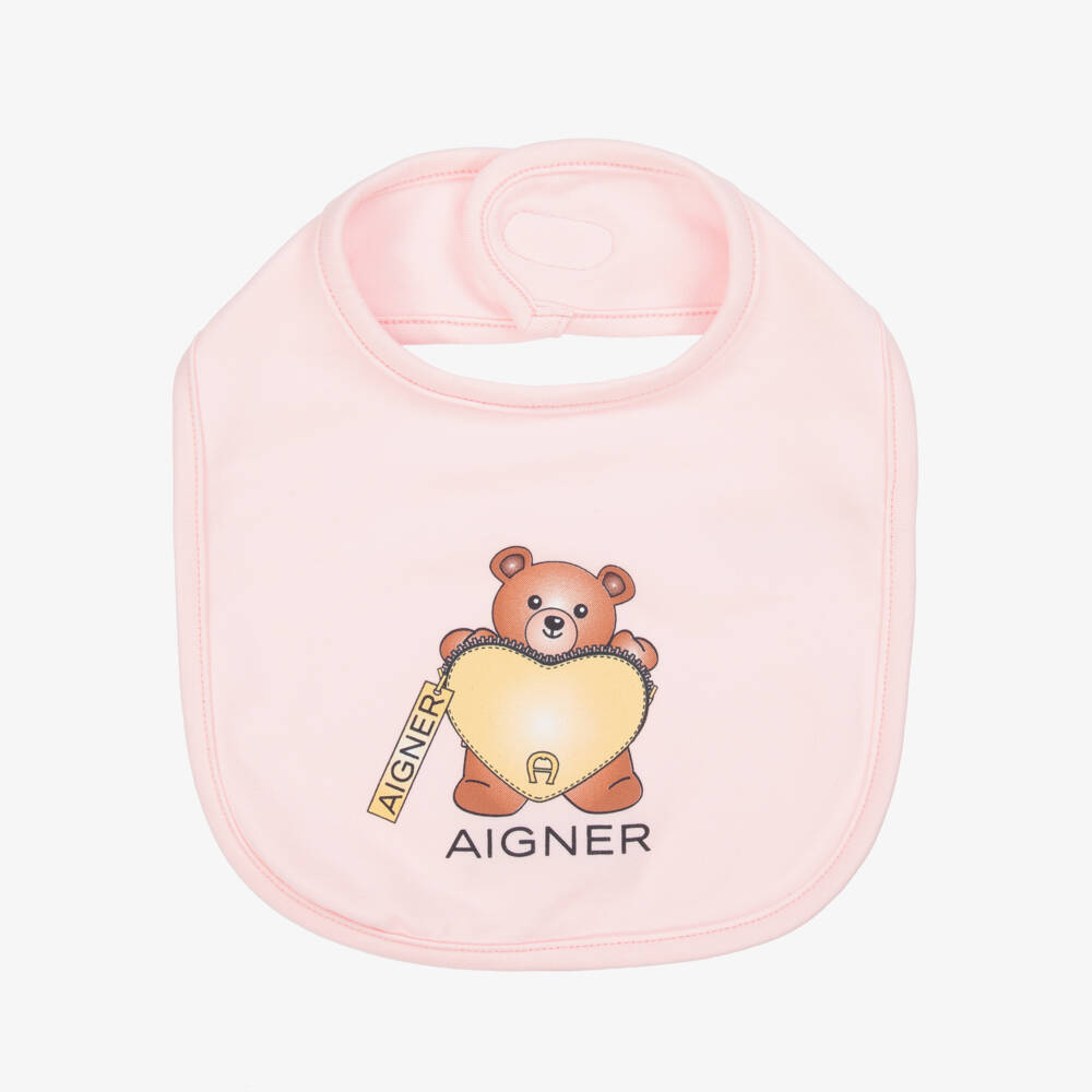 AIGNER-Pink Pima Cotton Teddy Bear Bib | Childrensalon Outlet
