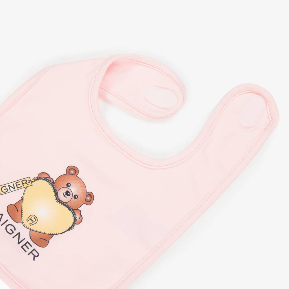 AIGNER-Pink Pima Cotton Teddy Bear Bib | Childrensalon Outlet