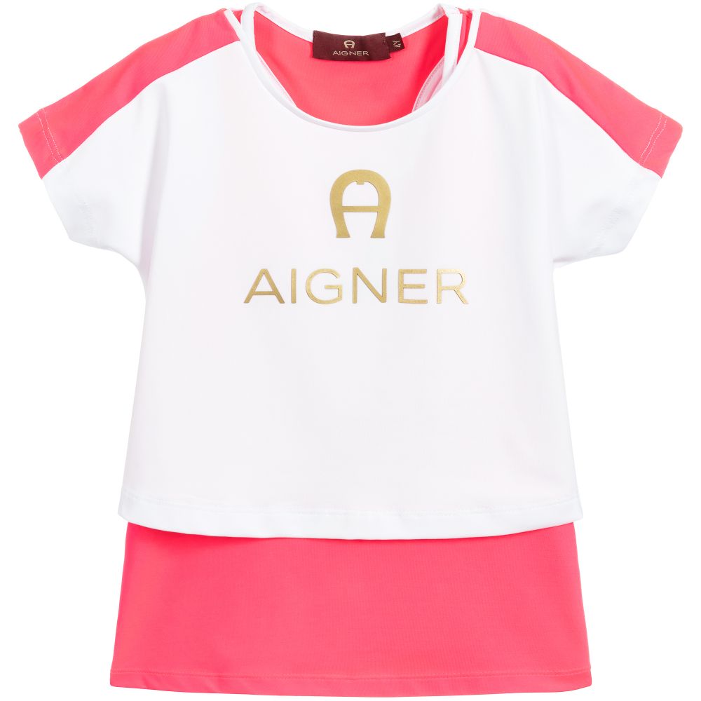 AIGNER - طقم تيشيرت قطن لون زهري و أبيض للبنات | Childrensalon