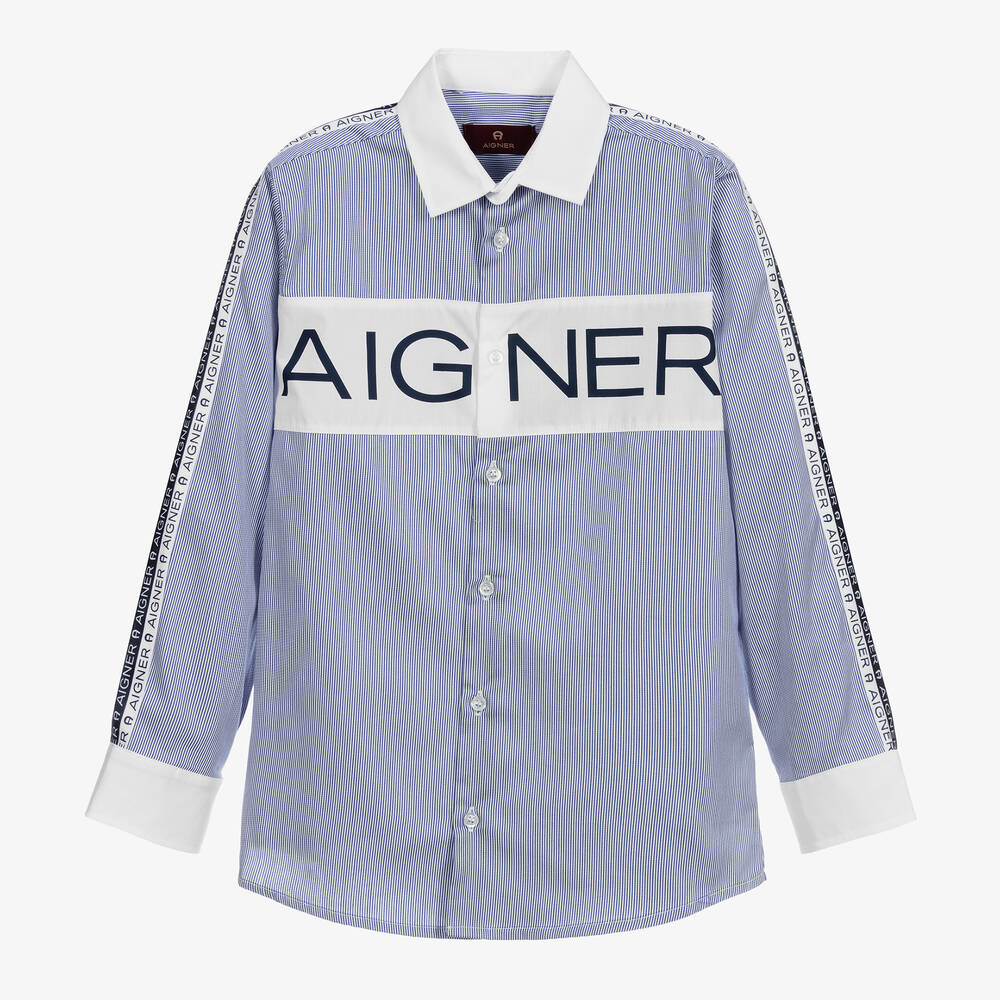 AIGNER - قميص قطن بوبلين مقلم لون كحلي وأبيض | Childrensalon