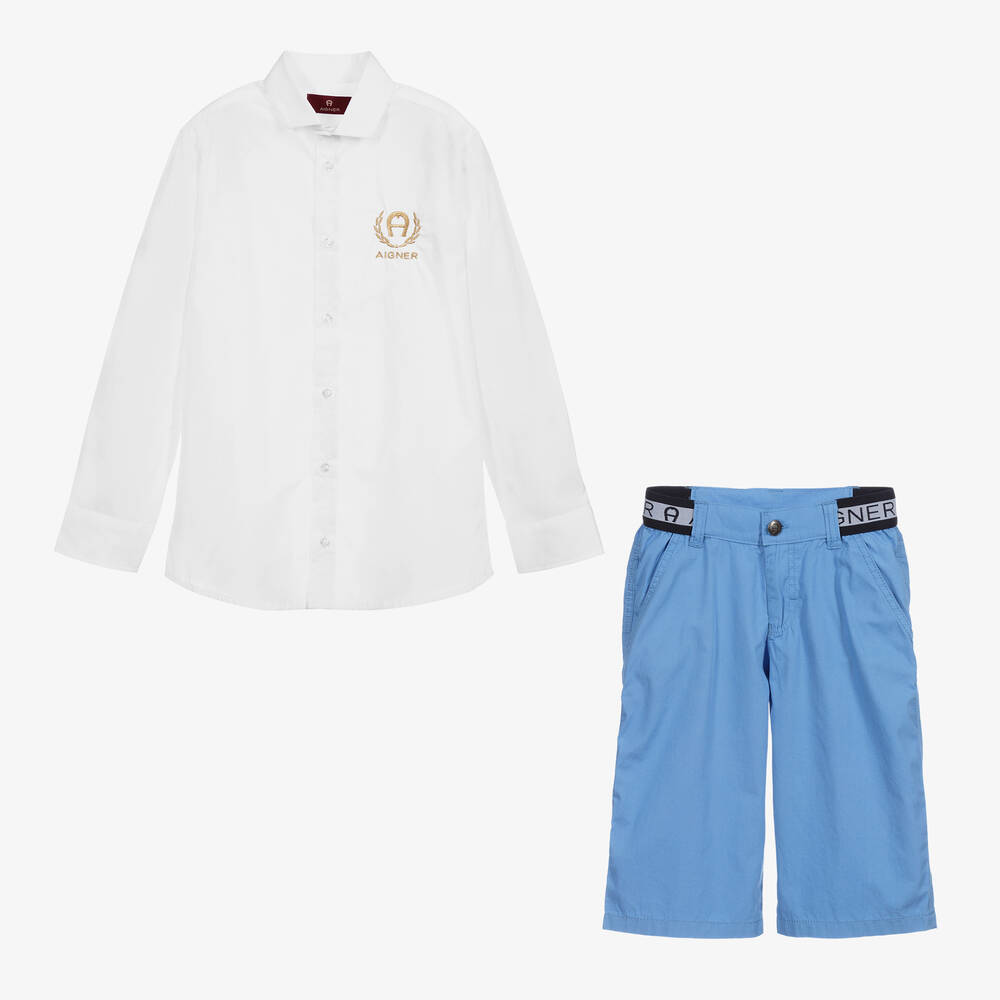 AIGNER-طقم شورت وقميص قطن لون أزرق وأبيض | Childrensalon Outlet