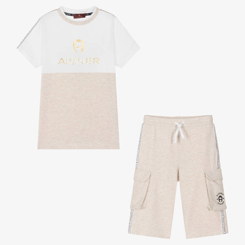 AIGNER - Teen Boys Beige Cotton Logo Shorts Set | Childrensalon
