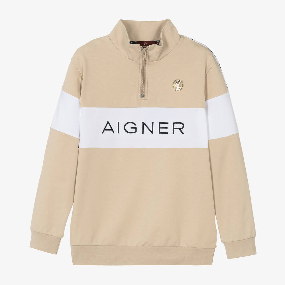 AIGNER - Teen Boys Beige & White Half Zip Sweatshirt | Childrensalon