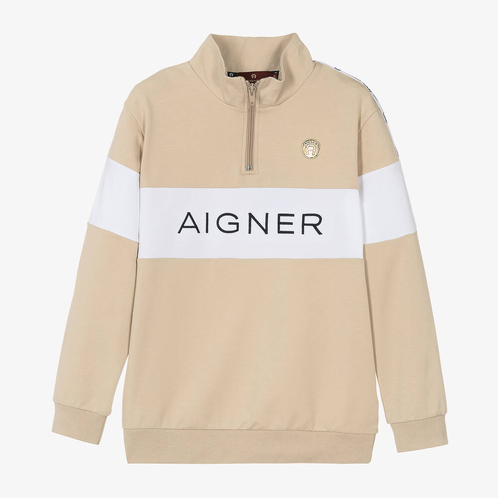 AIGNER-Teen Boys Beige & White Half Zip Sweatshirt | Childrensalon Outlet