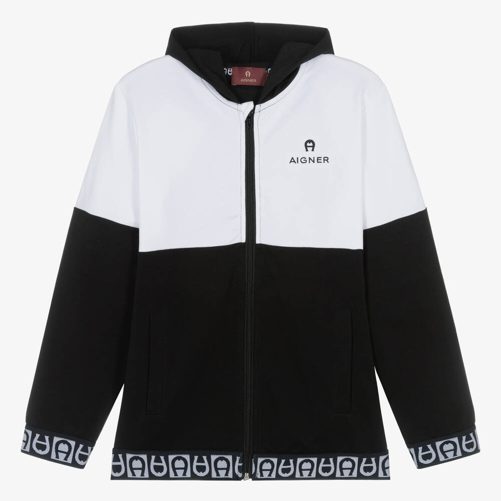 AIGNER-Teen Boys Black Cotton Hooded Zip-Up Top | Childrensalon Outlet