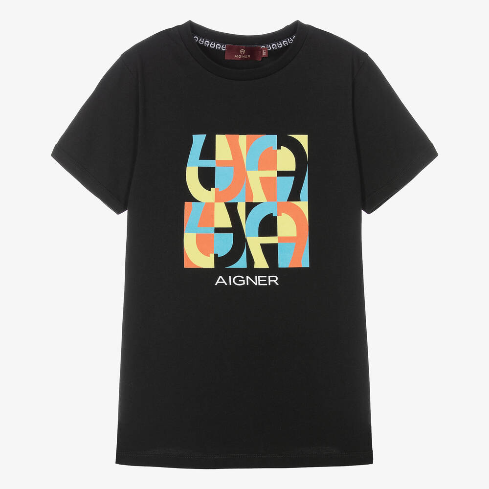 AIGNER-Teen Boys Black Cotton Horseshoe T-Shirt | Childrensalon Outlet