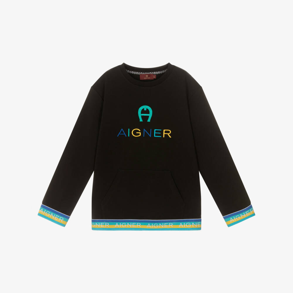 AIGNER-سويتشيرت تينز ولادي قطن جيرسي لون أسود | Childrensalon Outlet
