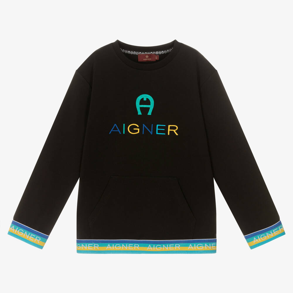 AIGNER - سويتشيرت تينز ولادي قطن جيرسي لون أسود | Childrensalon