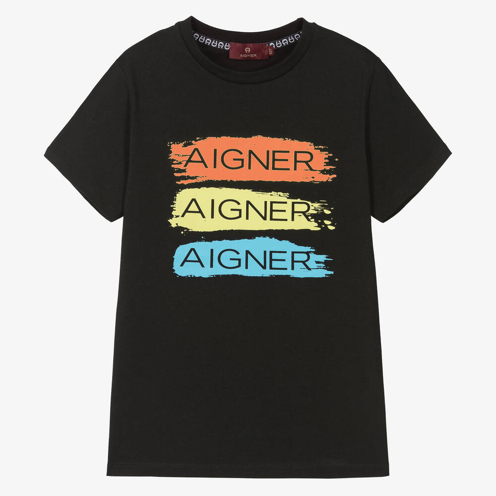 AIGNER-Teen Boys Black Cotton T-Shirt | Childrensalon Outlet