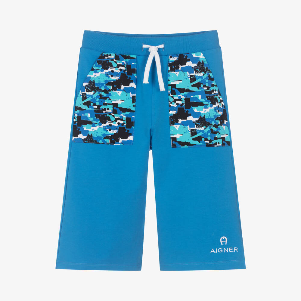 AIGNER - Teen Boys Blue Cotton Logo Shorts | Childrensalon