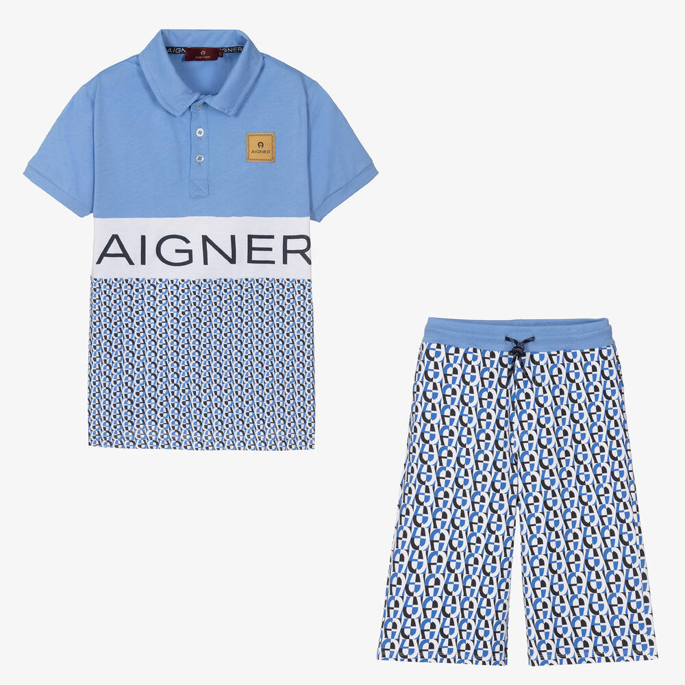 AIGNER-Teen Boys Blue Monogram Shorts Set | Childrensalon Outlet