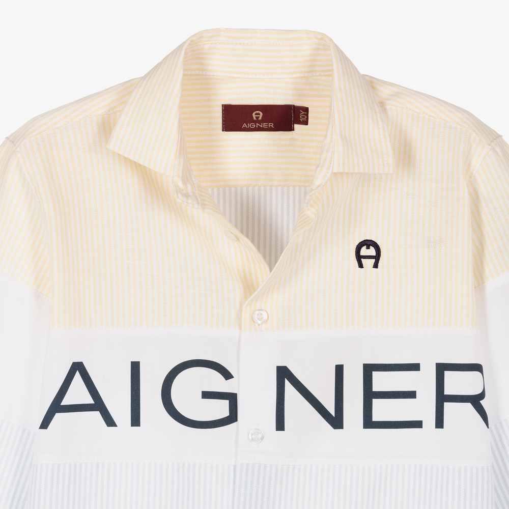 AIGNER-قميص تينز ولادي قطن أكسفورد مقلم لون أزرق وأصفر باهت | Childrensalon Outlet