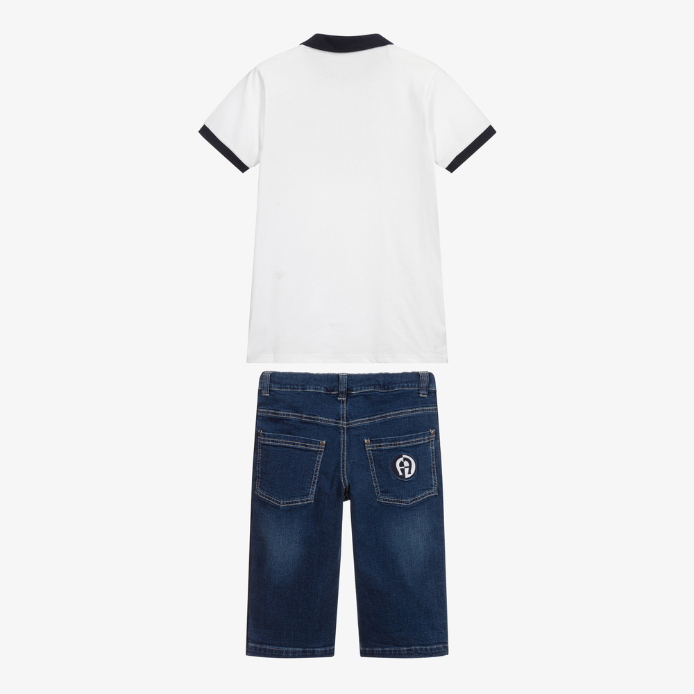 AIGNER-طقم شورت وتوب تينز ولادي قطن دينم لون أبيض وكحلي | Childrensalon Outlet