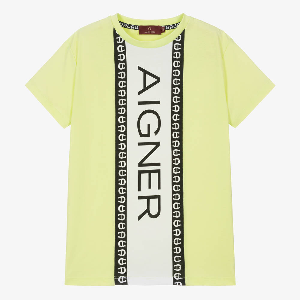 AIGNER-تيشيرت تينز ولادي قطن مقلم لون أخضر فاقع | Childrensalon Outlet