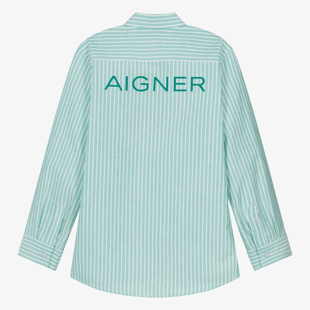 AIGNER-Teen Boys Green Striped Cotton Shirt | Childrensalon Outlet
