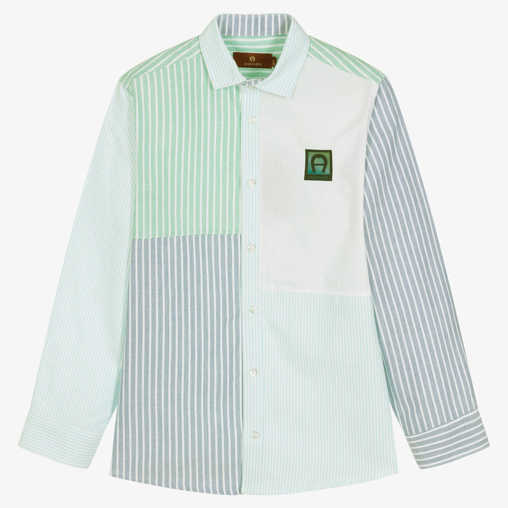 AIGNER - Хлопковая рубашка с цветовыми блоками в полоску | Childrensalon