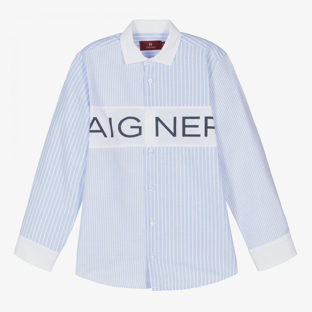 AIGNER - قميص تينز ولادي قطن أكسفورد مقلم لون أزرق وأبيض | Childrensalon