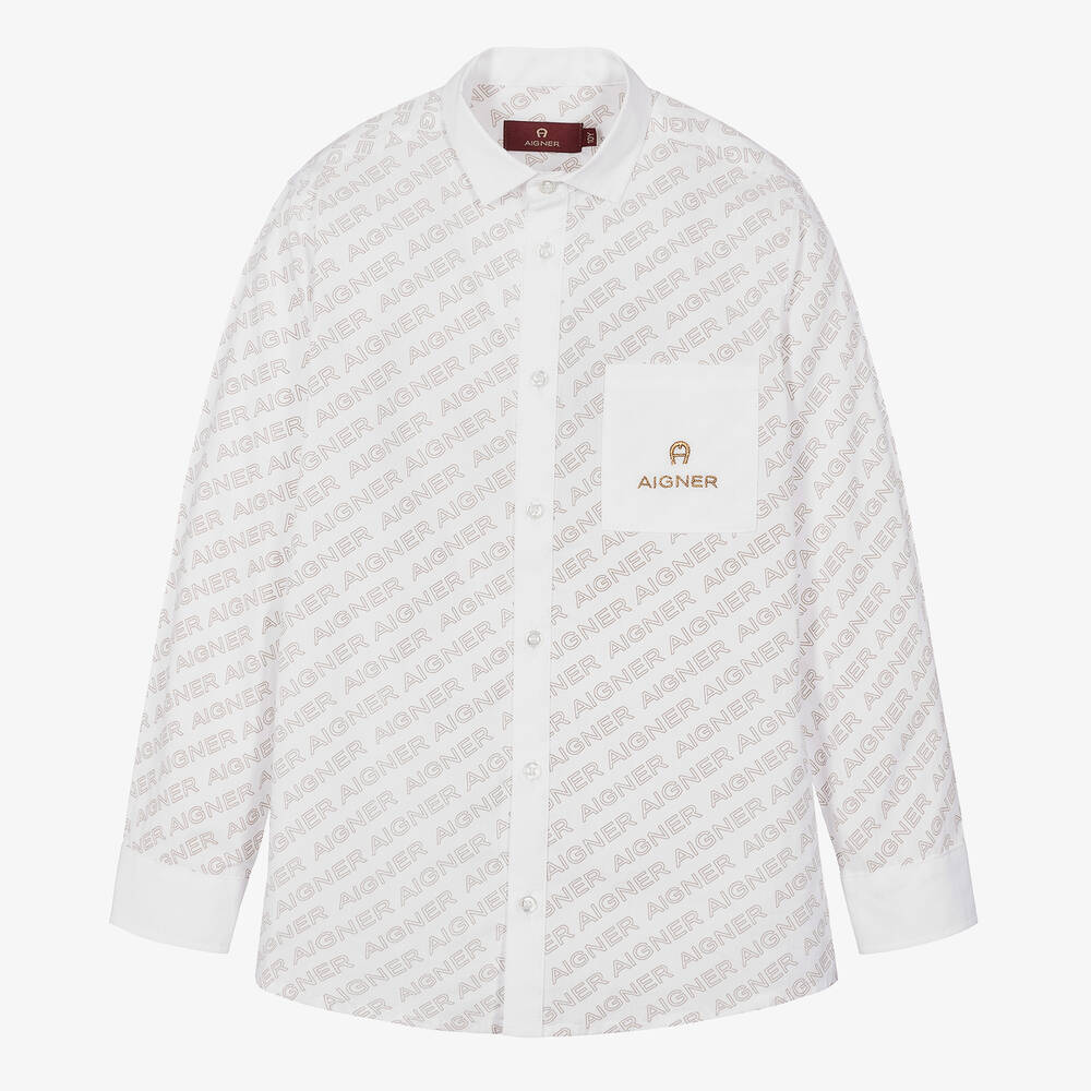 AIGNER-Teen Boys White & Beige Cotton Shirt | Childrensalon Outlet