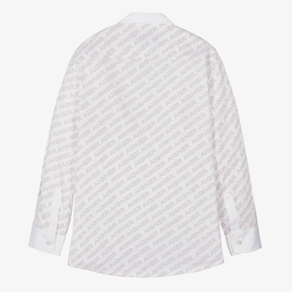 AIGNER-قميص تينز ولادي قطن بوبلين لون أبيض وبيج | Childrensalon Outlet