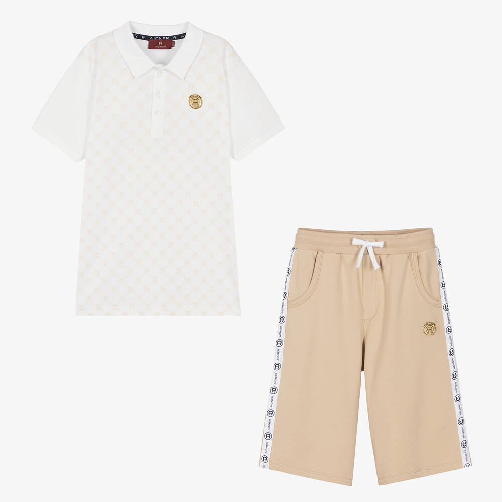 AIGNER - Teen Boys White & Beige Cotton Shorts Set | Childrensalon