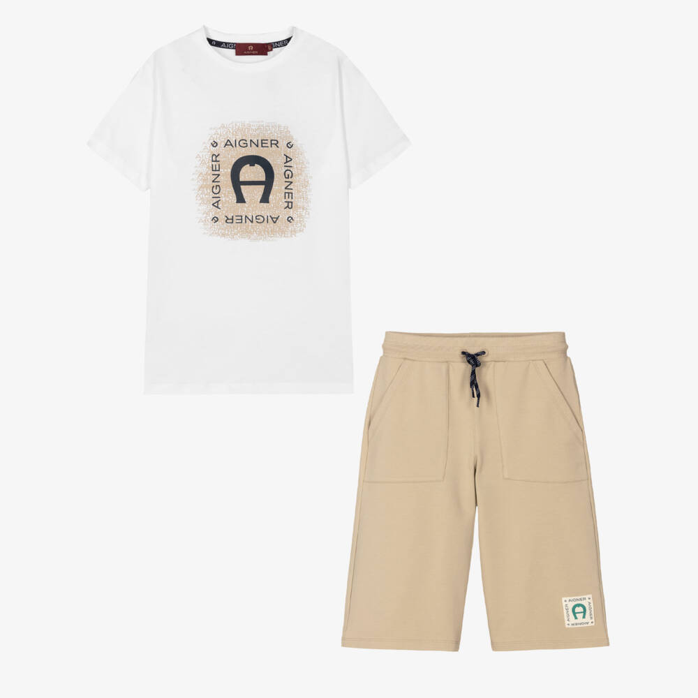 AIGNER-Teen Boys White & Beige Cotton Shorts Set | Childrensalon Outlet