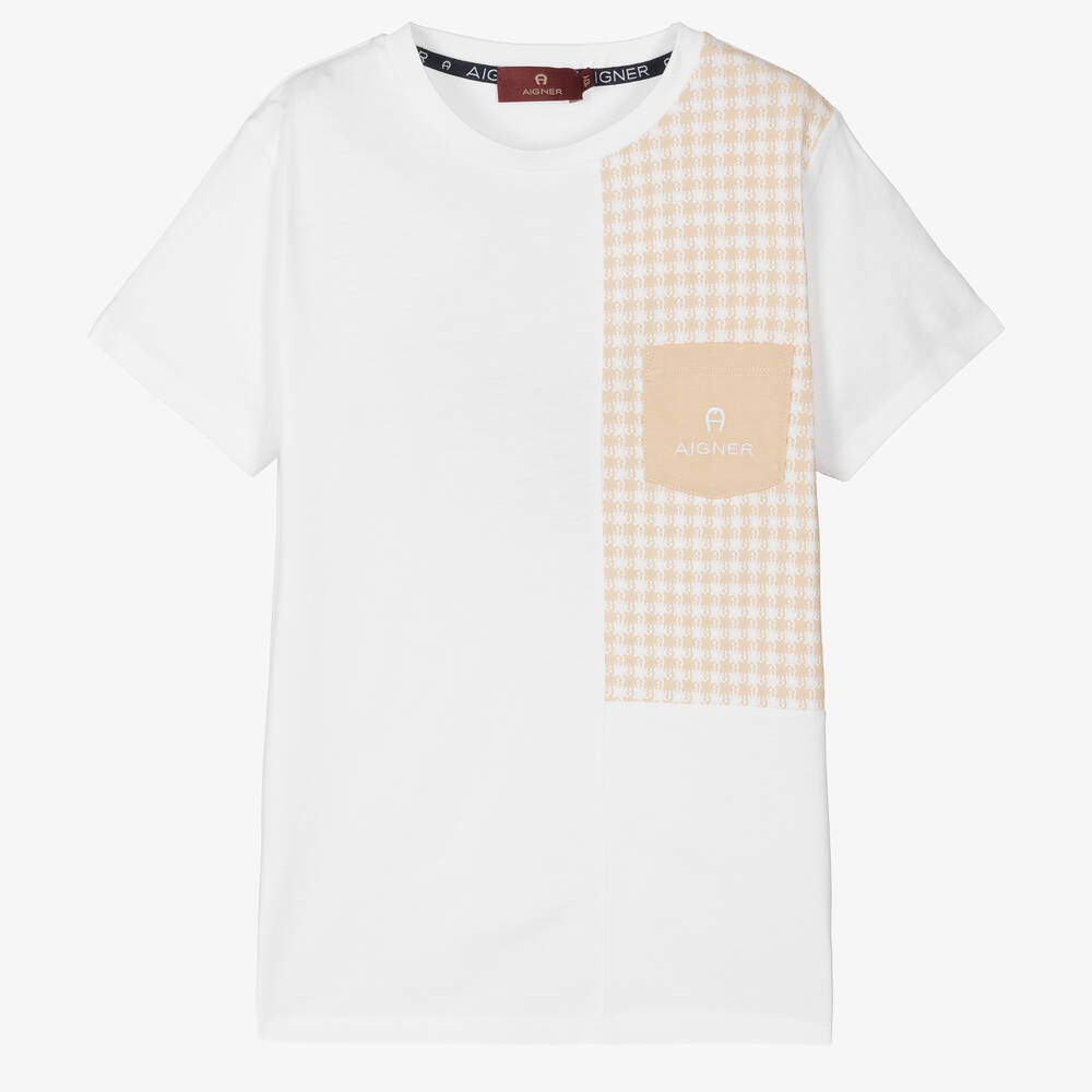AIGNER - Teen Boys White & Beige Cotton T-Shirt | Childrensalon