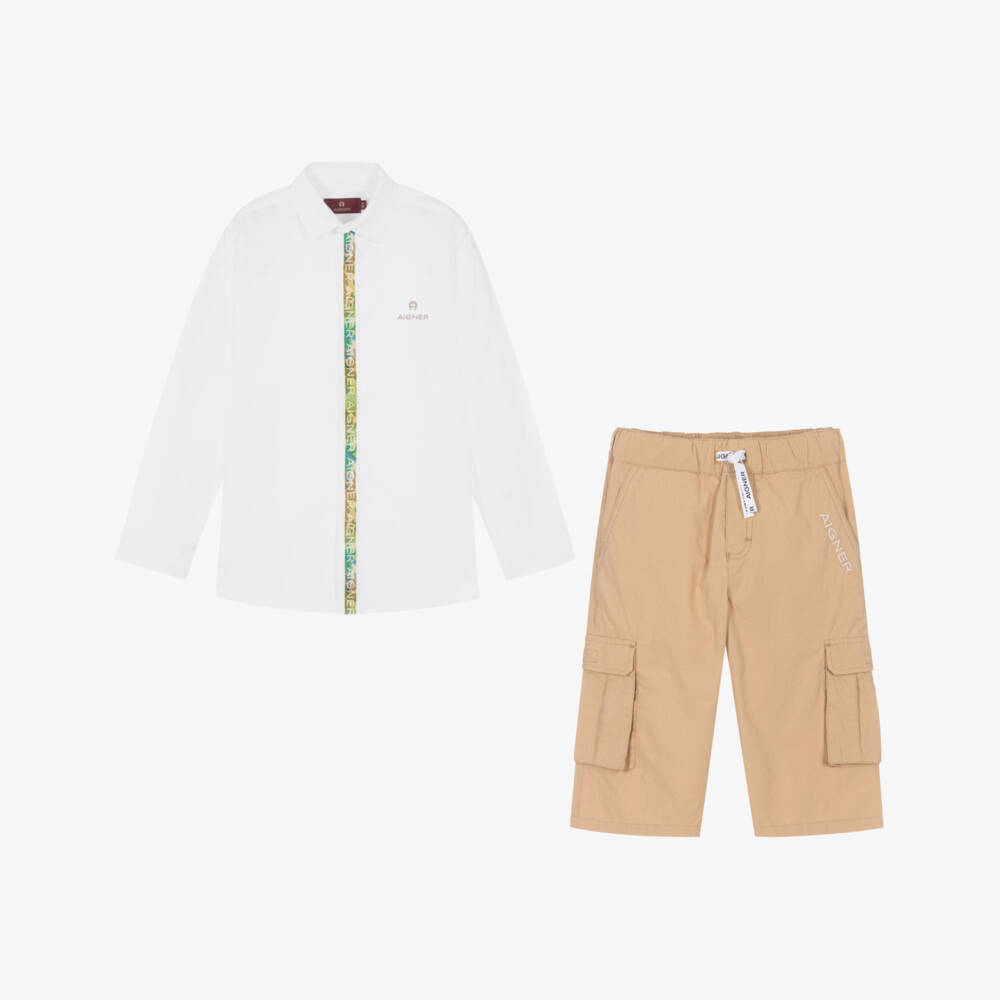 AIGNER-Teen Boys White & Beige Logo Shorts Set | Childrensalon Outlet