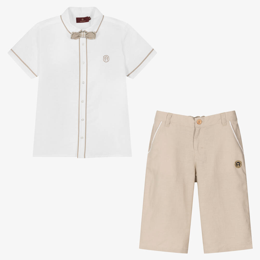 AIGNER - Teen Boys White & Beige Shorts Set | Childrensalon