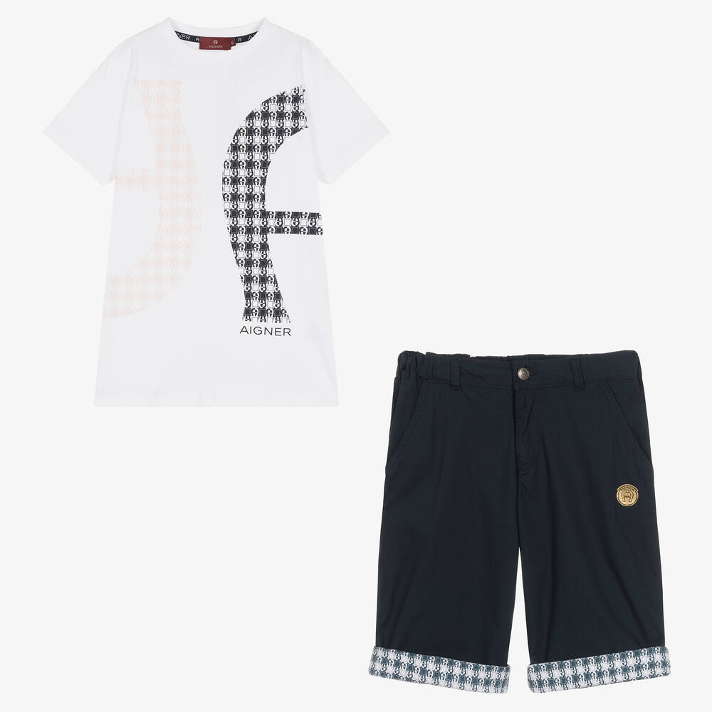 AIGNER - Baumwoll-Top & Shorts Set Weiß/Blau | Childrensalon