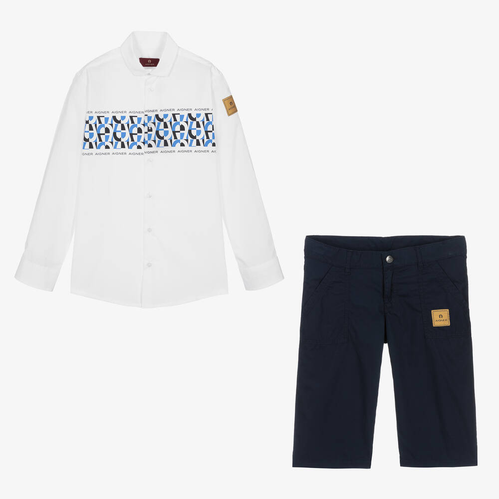 AIGNER-Teen Boys White & Blue Cotton Shorts Set | Childrensalon Outlet